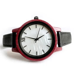 Drop Shipping 2020 Black Leather Strap Quartz Wood Watch For Women Shell Dial Gold Index