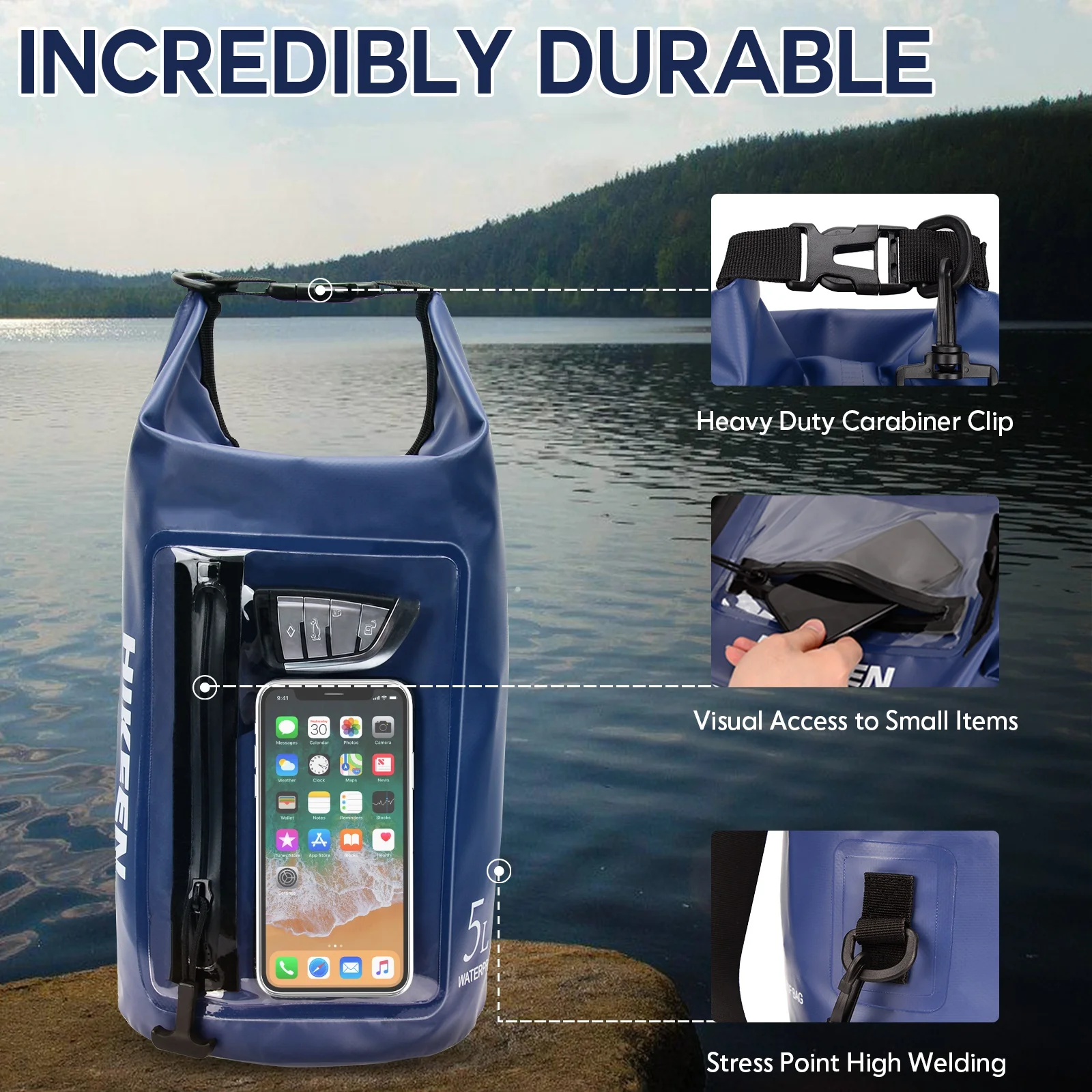 IPX7 Waterproof Dry Bag 5L - Waterproof Zip Touch Screen Phone Keeps Gear Dry, Lightweight Roll Top Dry Backpack