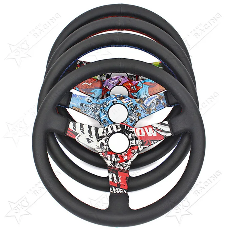 New Style 350mm 14 Inch Universal 5mm Thickness Metal Spoke Graffiti Cartoon Pattern Water Transfer JDM Leather Steering Wheel