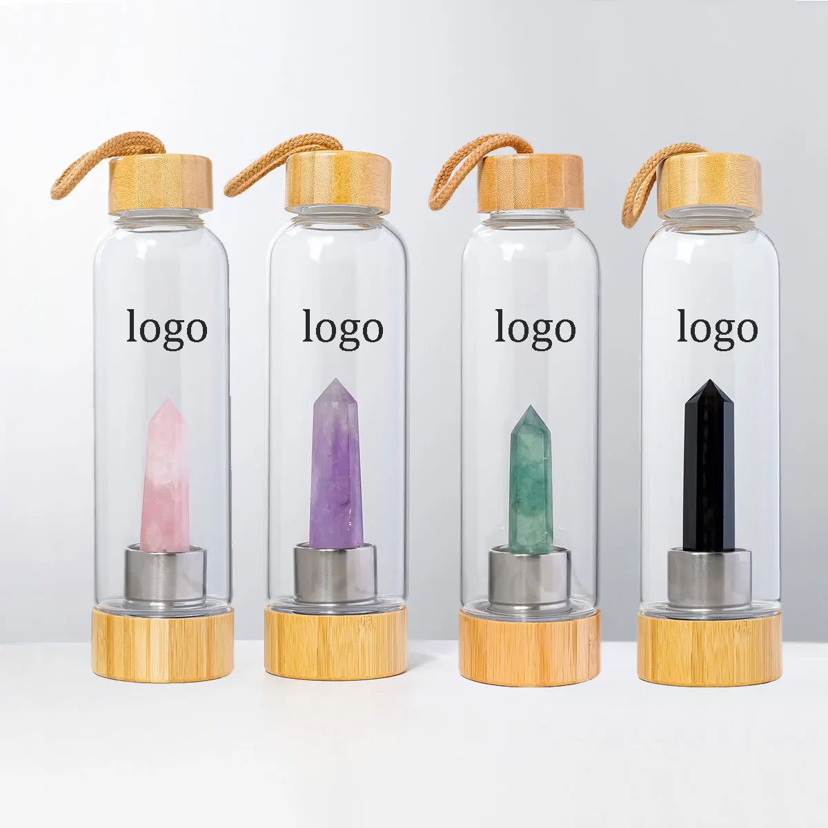 Wholesale High Quality Custom Logo Crystal Bottle Gemstone Healing Energy Crystal Glass Water Bottle With Bamboo Lid