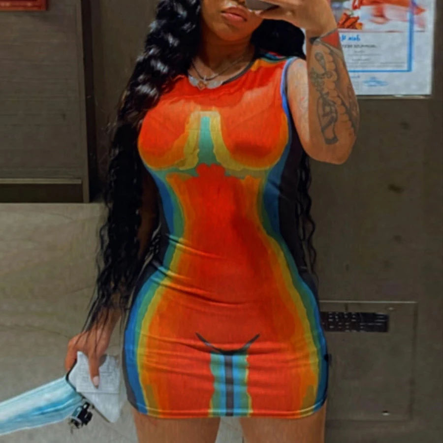 Новое поступление 2022, летняя модная одежда для вечеринок и клубов, облегающее мини-платье без рукавов с принтом, сексуальная женская одежда