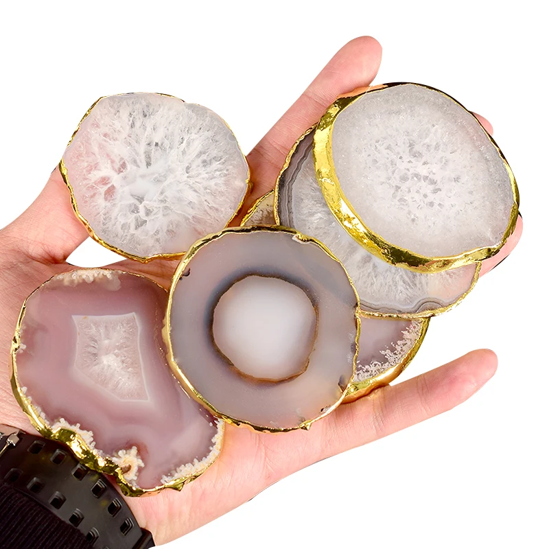 Natural Hot Selling Grey Agate Crystal Coaster Drinking Round Stone Rest Atmosphere Drink Glass Bottle