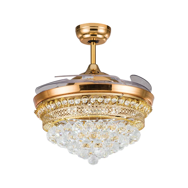 Competitive Price Wholesale Luxury Golden Crystal Ceiling Fan with 42 inch Folding Acrylic Blades