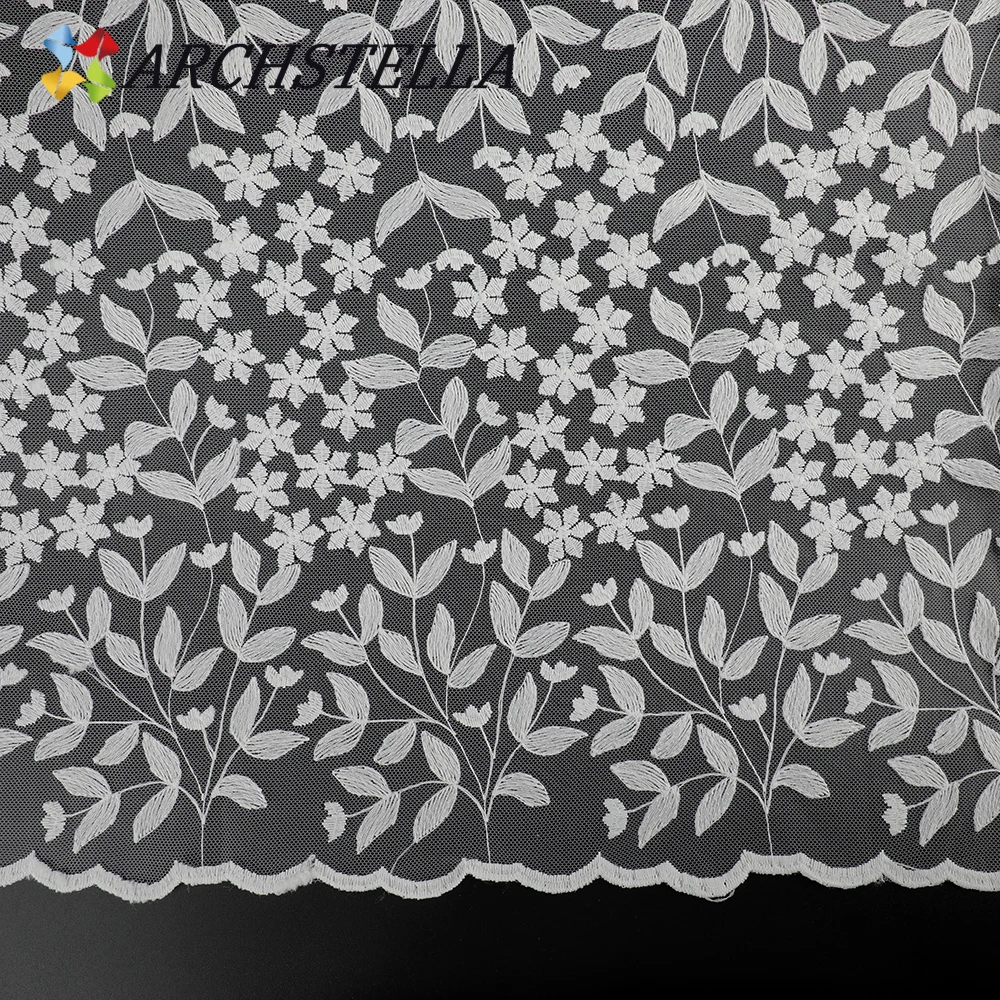 TikTok Hot-Selling Sweet Country Style White Floral Embroidered with Cotton Thread on Mesh Lace Fabric