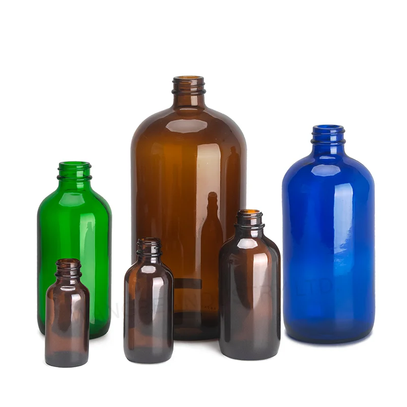 120ml 250ml 500ml 1 liter empty green blue clear amber boston round glass bottle