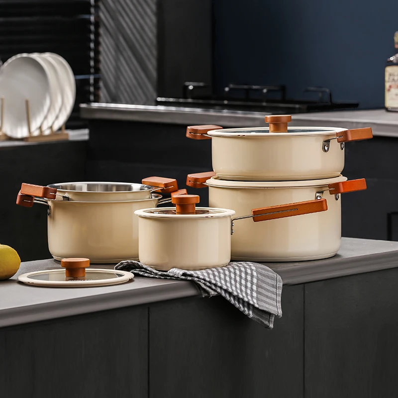 Top-Quality OEM Custom 1-16Pcs Kitchen Cook Pot White Ceramic Painting Korean Wooden Handle 304 Stainless Steel Cookware Set