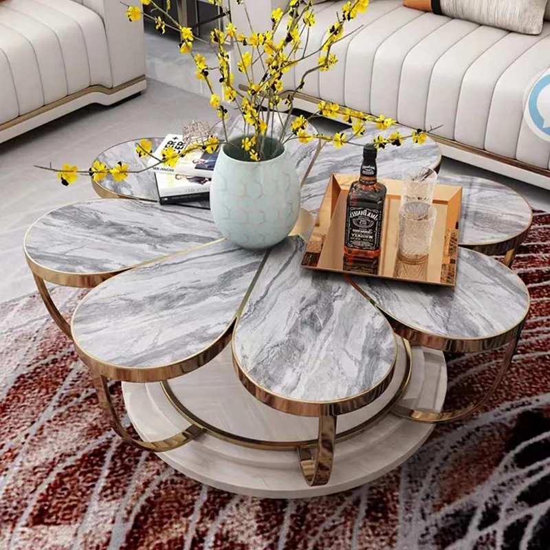 Custom contemporary hotel home decor gold and white stainless steel pedestal luxury marble top coffee table