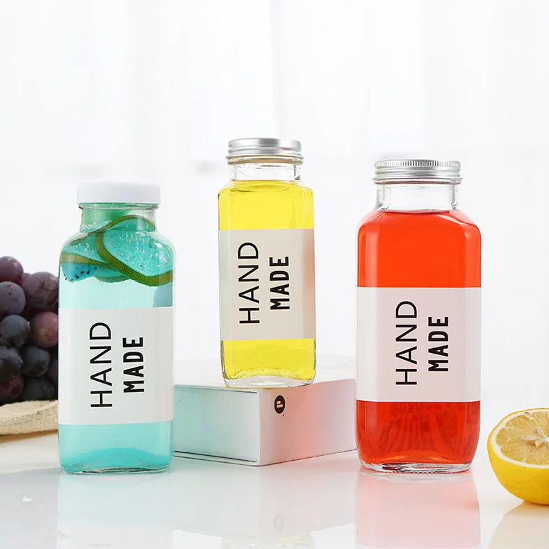 Custom Logo Brew Coffee Kombucha Tea Juice Wine Mineral Water Sparkling Water Square Glass Bottle  with Screw Aluminum Cap