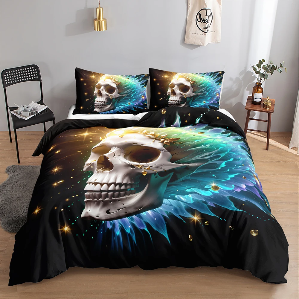 skeleton red rose printed polyester fabric duvet cover set accept custom bedding set