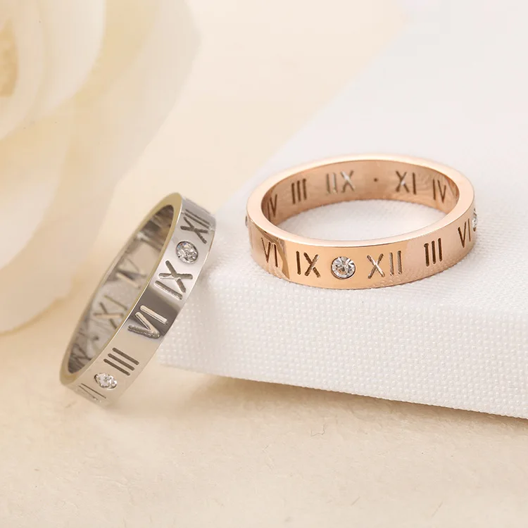 2021 Fashion Designs Couples Creative Jewelry Rose Gold 18K Roman Numerals Titanium Steel Ring With Diamonds
