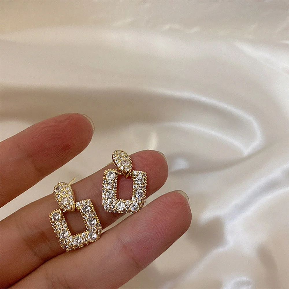 French vintage full diamond 925 sterling silver real gold plated square micro inlay shiny zircon stud earrings for women jewelry