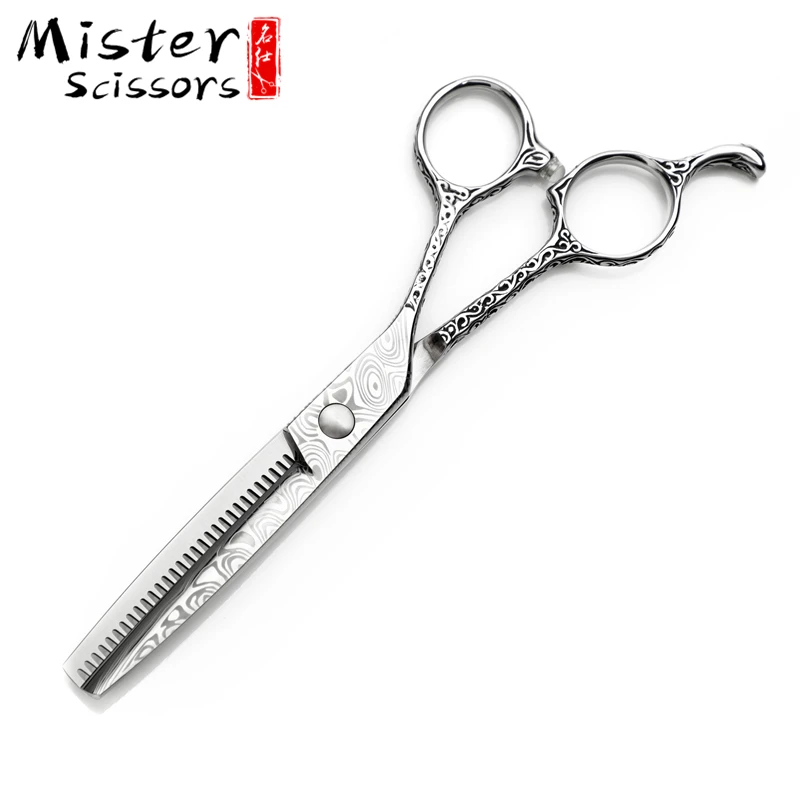 Damascus Pattern Professional SUS440C Stainless Steel  Barber Scissors V-shape Teeth Thinning Scissors