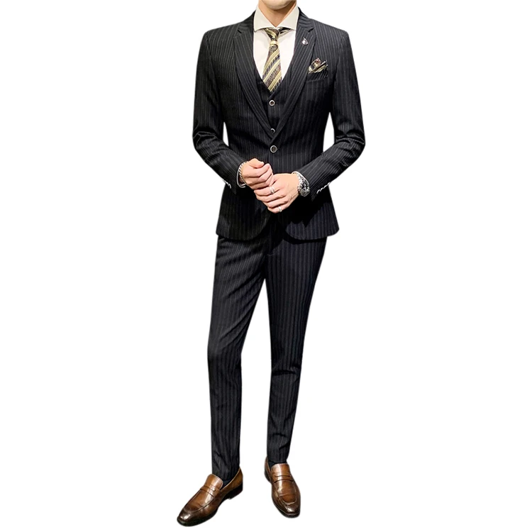 Смокинг для жениха в полоску, Свадебный мужской костюм, 3 предмета, повседневный Блейзер, комплект для мужчин, деловой смокинг + рубашки