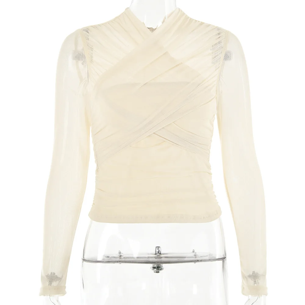 Mesh Solid color versatile top Women Long Sleeve pleated slim fit  Blouse Slim T-shirts