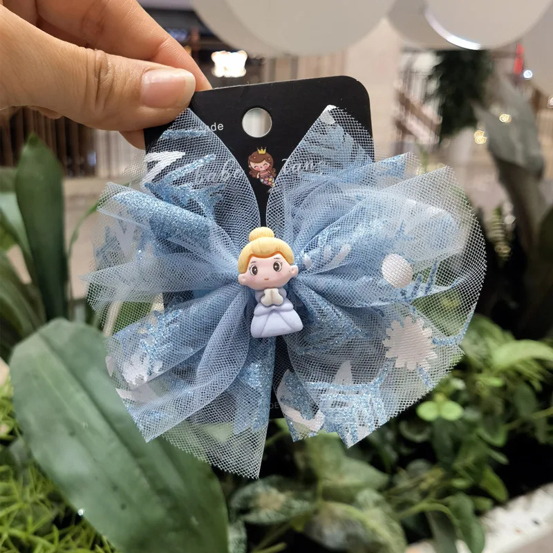 Snowflake Party Diamond set hair clip Star mesh bow Little Princess pair clip blue fabric streamer lace print bow hair clip