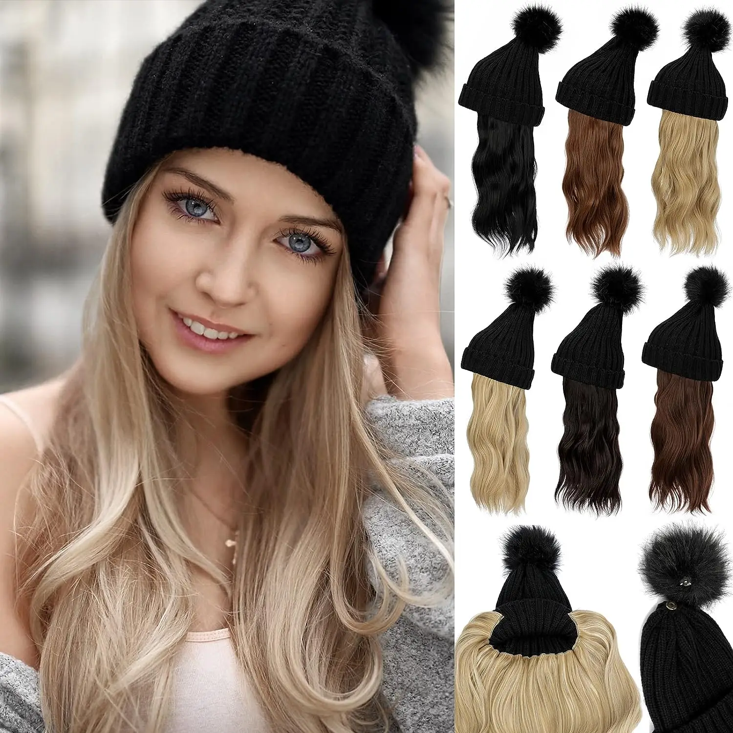 Curly Wavy Wig Hat Rib Knit hat Attached Synthetic Hairpiece Detachable Pon Medium for Winter Wome  Brown 14inch Hair Extention