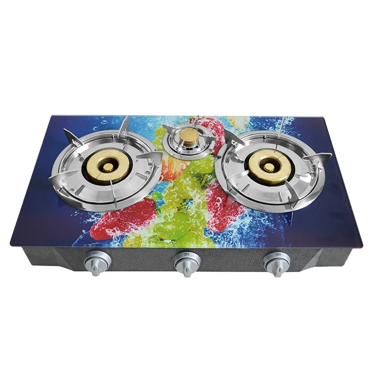 Home appliance kitchen restaurant gas burner 3D anti-explosion thickness glass top gas stove hot selling three burner gas stove