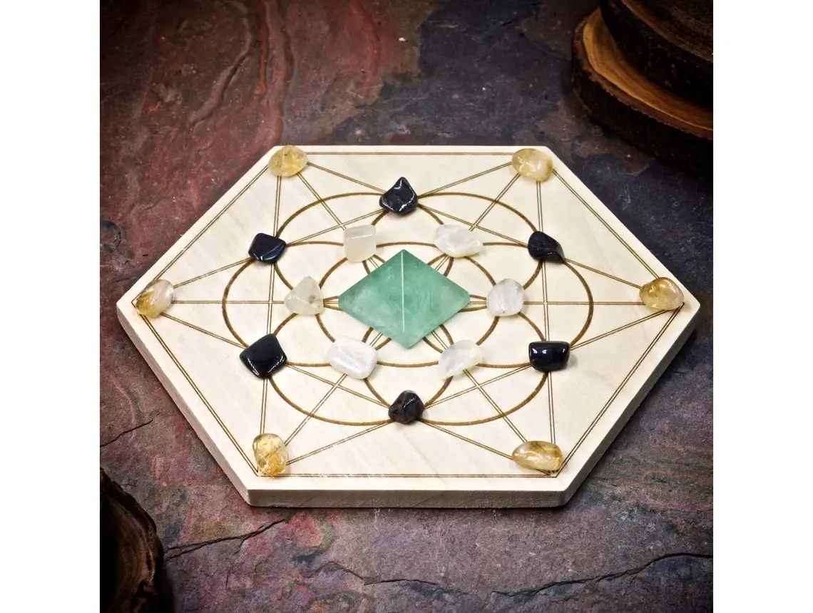 6 Inch Sacred Geometry Laser Cut Wooden Home Crystal Grid Set Mini Crystal Gemstone Engraved Board