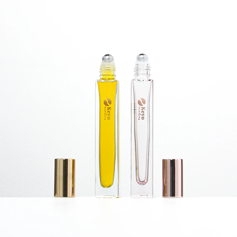 Square 10ml clear slim heavy wall thick bottom perfume bottles essential oil glass roll on roller bottle with aluminum lid