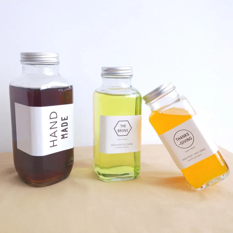 250ml Wide Mouth French Square Glass Bottle Kombucha Beverage Fruit Juice Glass Bottle