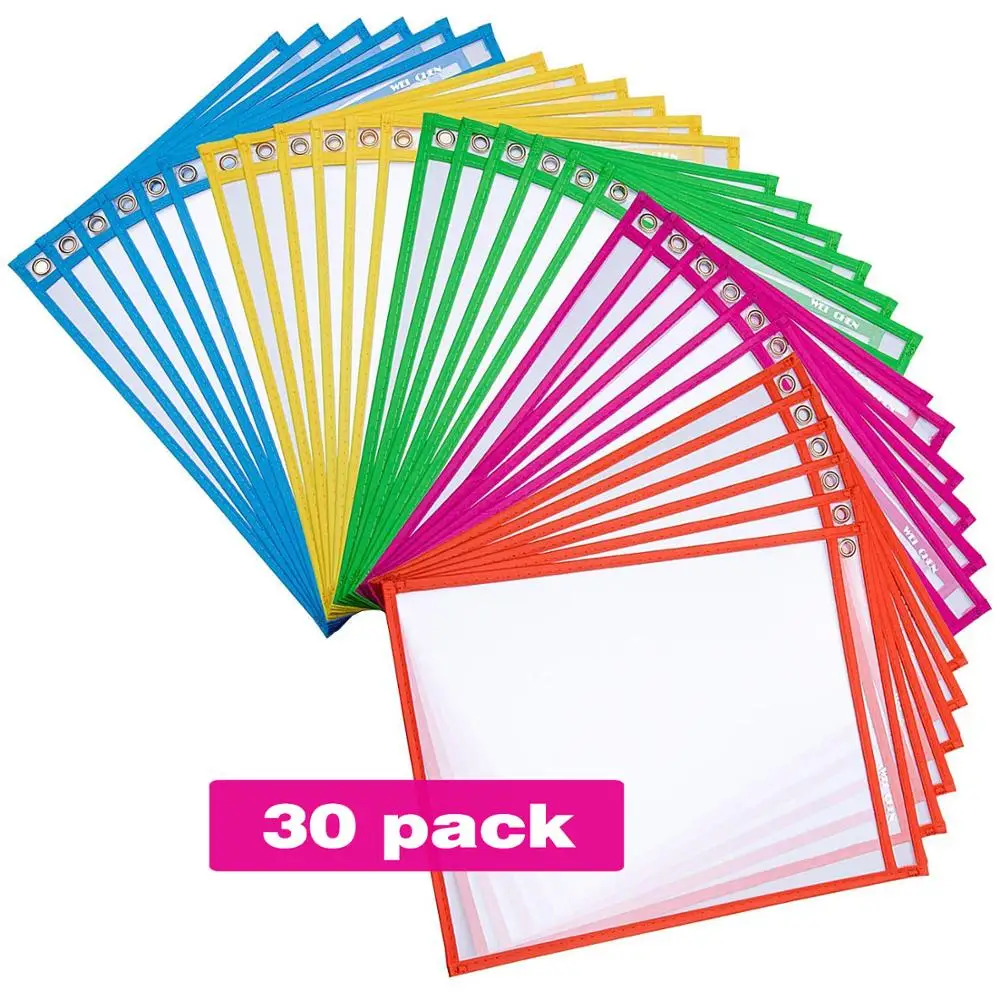  2021 New Design Hot Sale Assorted Colors Student 30 Pack Reusable Dry Erase Pockets 10x14 For