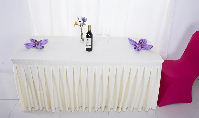 Дешевая юбка для стола из 100% полиэстера для ресторана и свадьбы со складками, одноразовые настольные юбки для продажи, фабричная юбка для стола