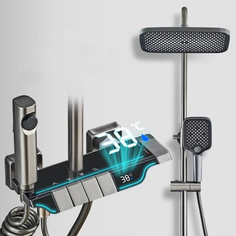 Modern Digital Cold And Hot Water Brass Luxury Rain Mixer System Piano Key Bathroom Smart Shower Set with LED Light