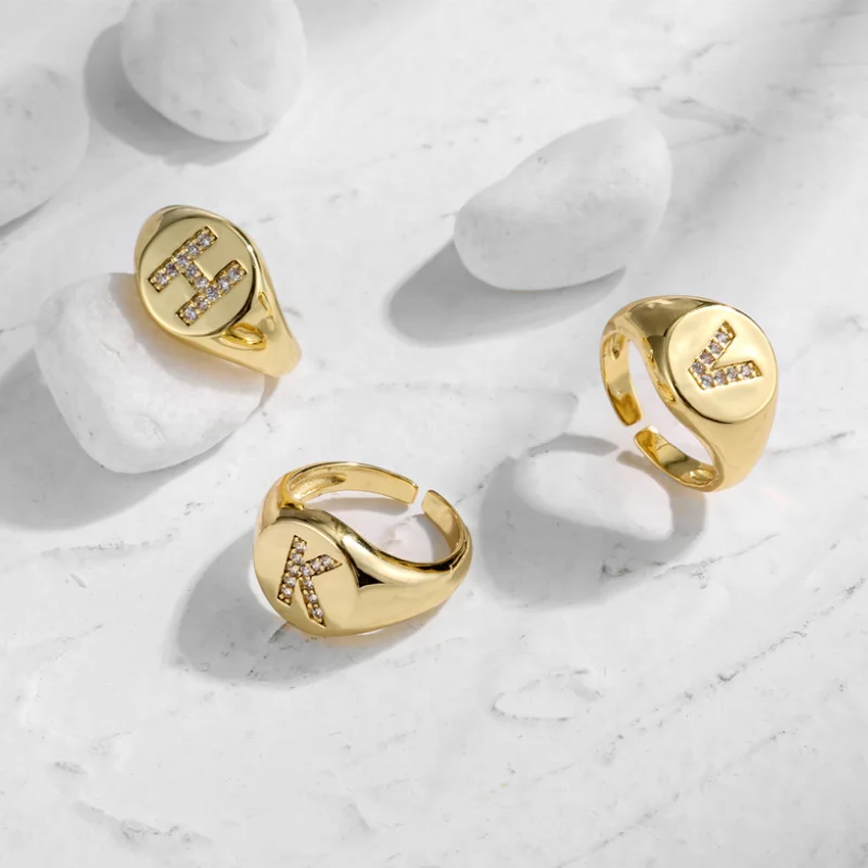 Advanced  Stainless Steel Diamond Inset Round Custom Letter Ring Opening Plated 18 K Gold Exquisite Fashion Girl Ring Wholesale