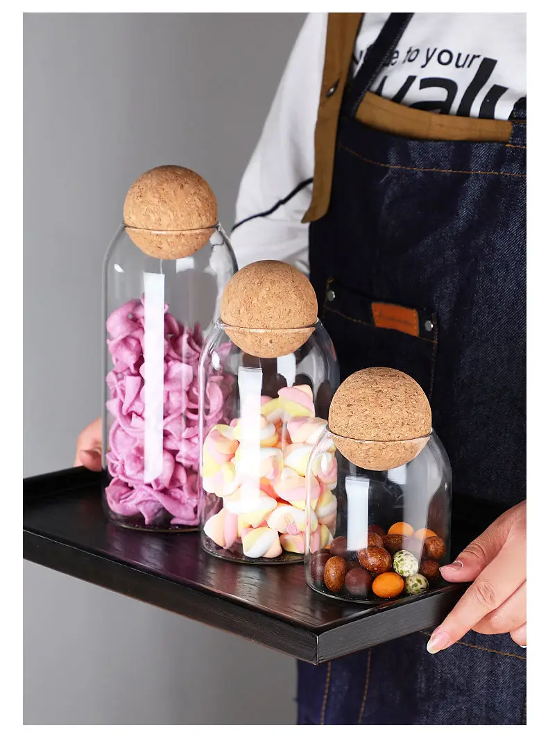 Kitchen High Quality Glass Storage Food Candy Storage Jars Wood Lid Cork Ball Stopper Handmade Borosilicate Glass Canister Jar