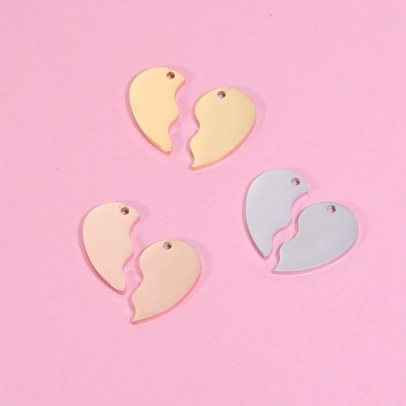 Stainless Steel  DIY Jewelry Making Accessories Two Pieces Broken Heart Pendant Blank Heart Charm Personalize Engrave Name Logo
