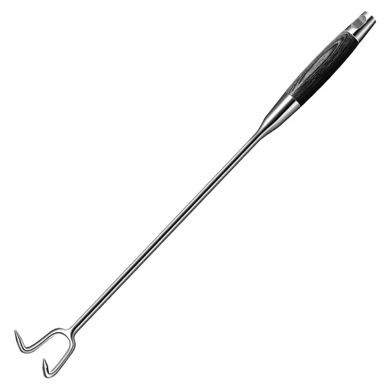 Syh248 Long Handle Handy Stainless Steel Pigtail Food Flipper For Grill Or Griddle Long Wooden Handle BBQ Turner Hook