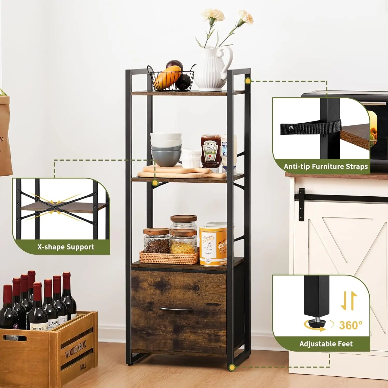 Bedroom Living Room Office Storage Organizer Drawer Small Bookcase Narrow Industrial Bookshelves Shelf 4 Tier Book Shelf