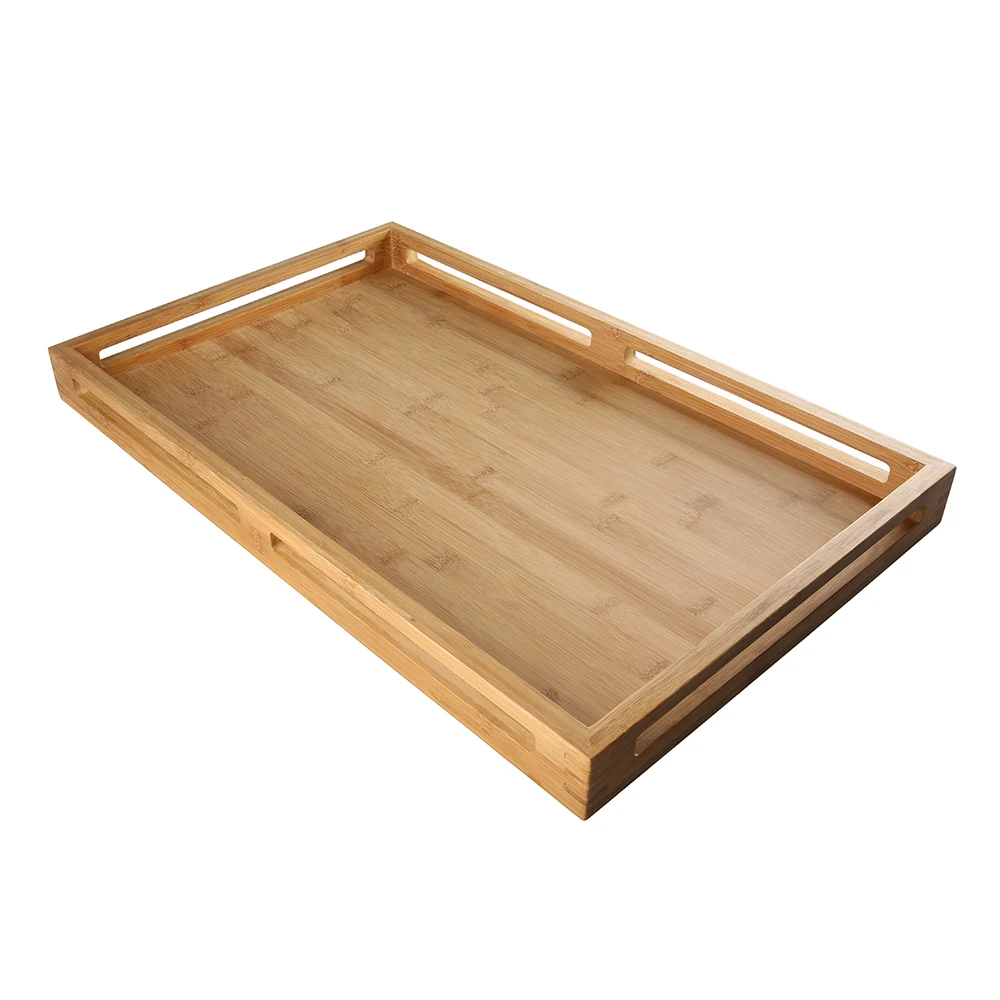 Restaurant Food Service Ottoman Coffee Table Decor Bed Tray Rectangle Extra Big Large Hollowed Handles Bamboo Wood Serving Tray