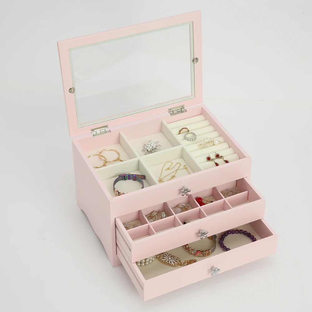 Fashionable beautiful wooden jewellery box for ladies gift jewelry packaging storage jewel cabinet case in stock