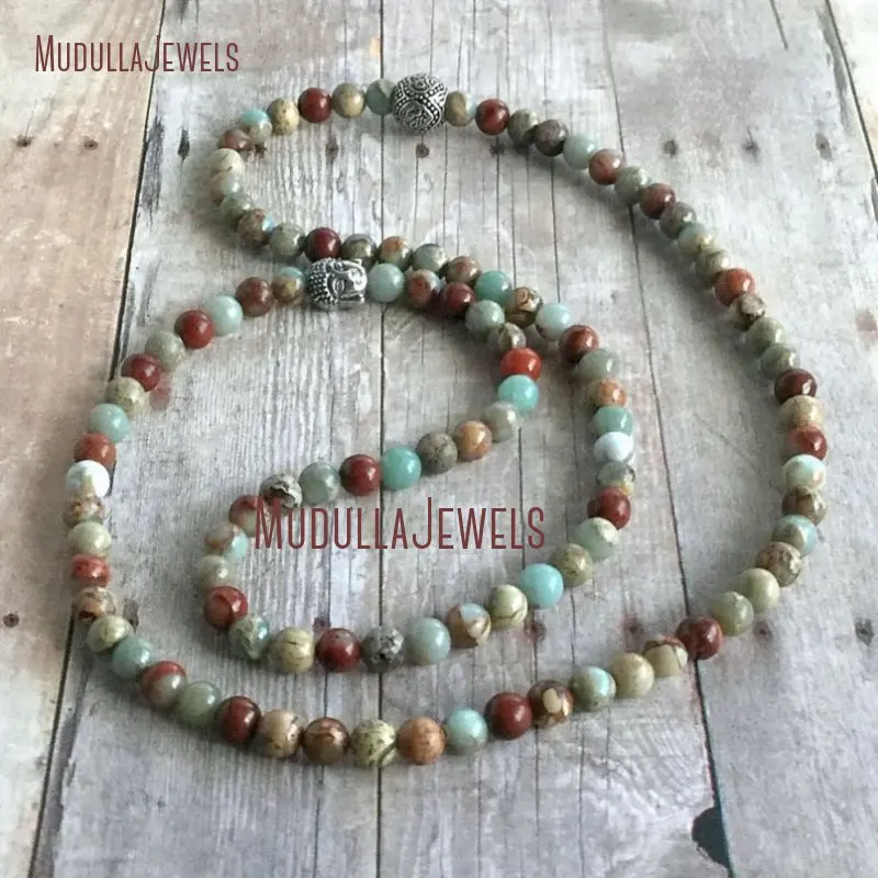 WMB18357 African Opal Beads Yoga Jewelry Mala Necklace Sterling Silver OM Buddha Wrap Bracelet 108 Mala Gemstone Prayer Beads