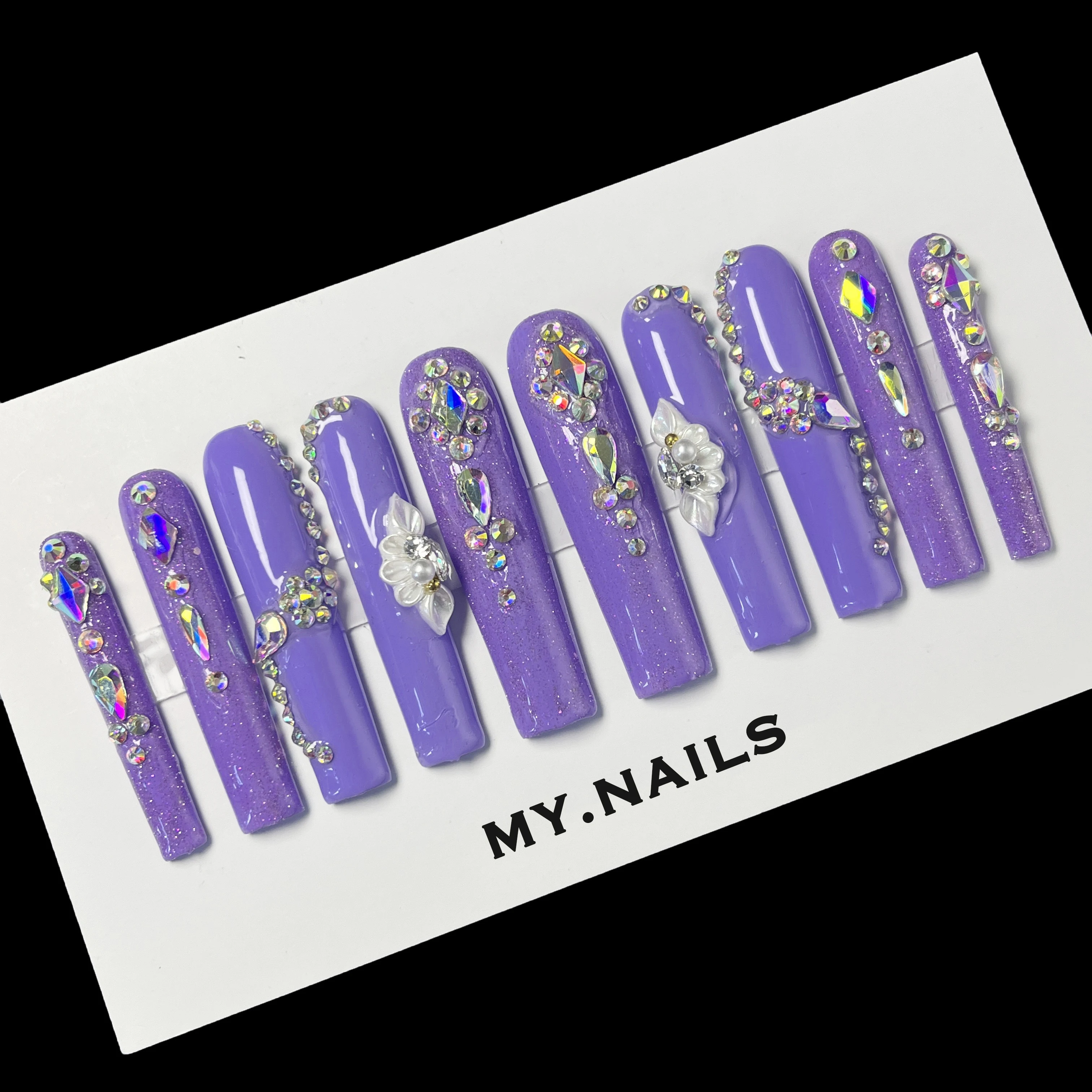 Temperament Black Press on Nail Custom Designs Packaging Box Full of Diamond Luxury Acrylic Finger Full Cover Soft Gel Nail Tips