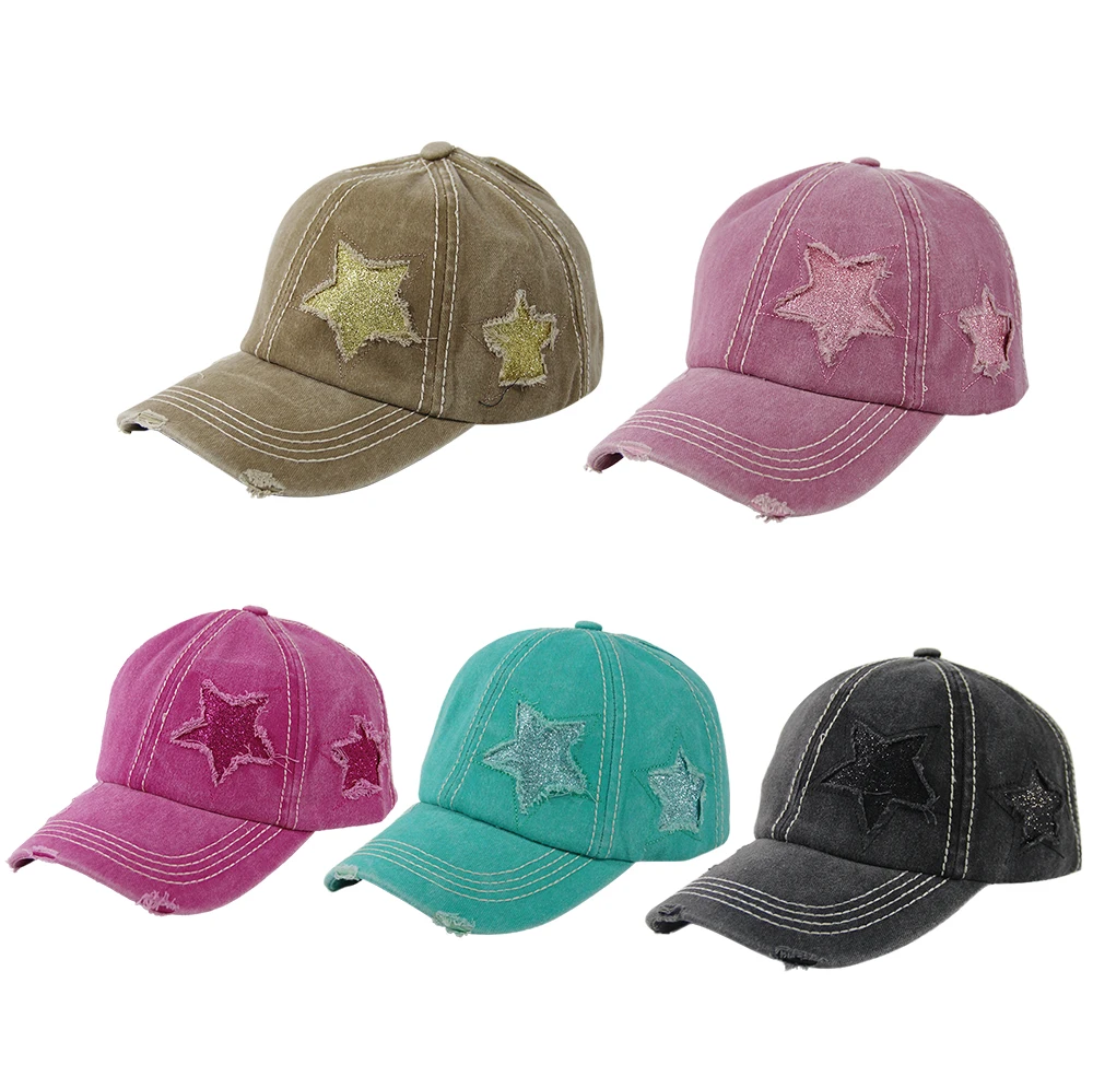 6 panel Sports Customized LOGO Embroidery Fitted dad Hats Denim Custom sports Cap Washed Ponytail Baseball Cap With Sequin Star