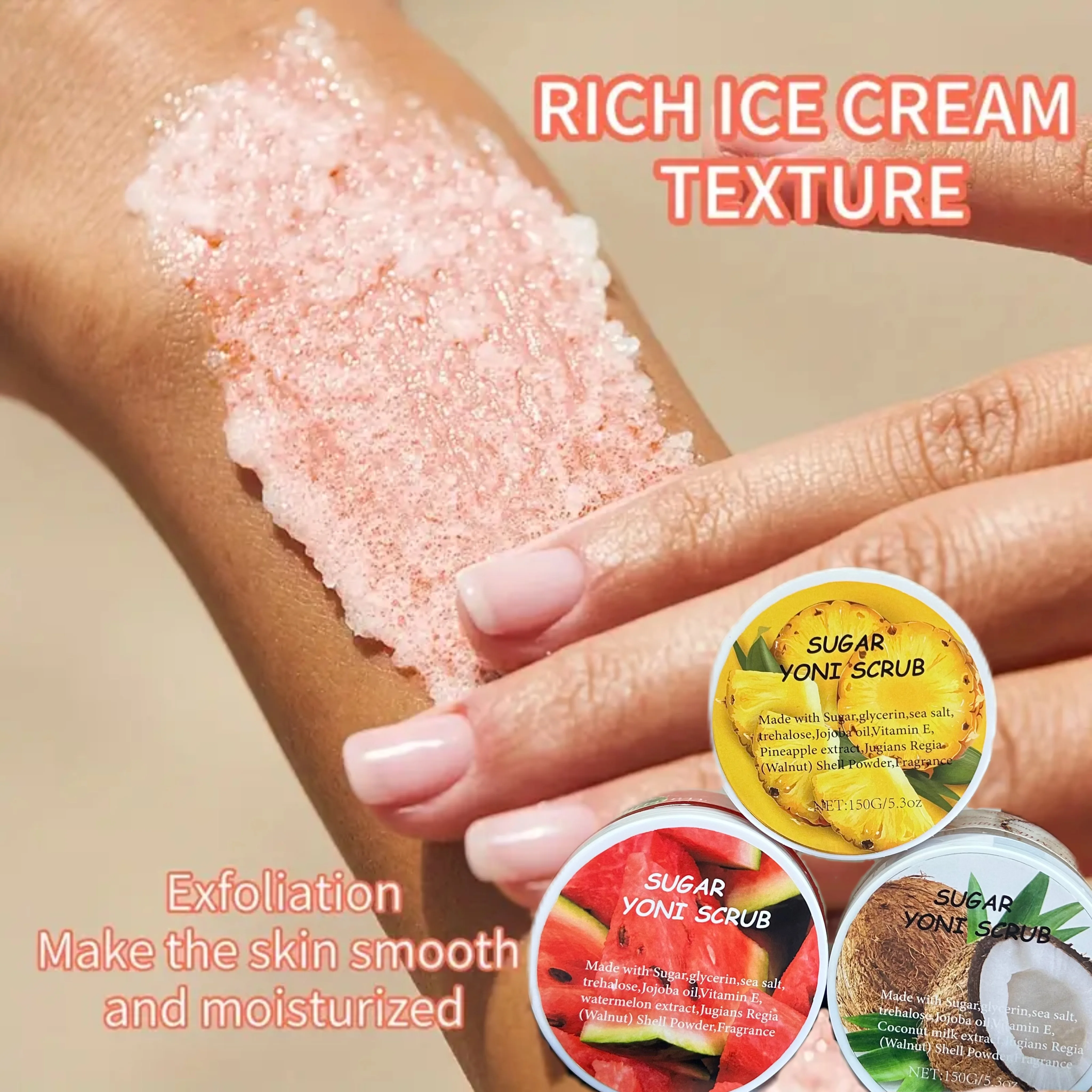 Женский скраб для тела Yoni Sugar 150 г с pH-балансом уникальной этикеткой и привлекательным ароматом