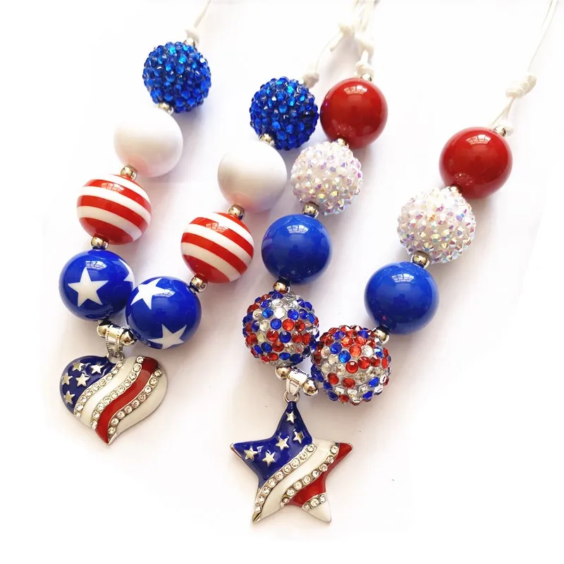 4th of July Independence Day American USA Flag Star Heart Pendant Charm Kids Necklace