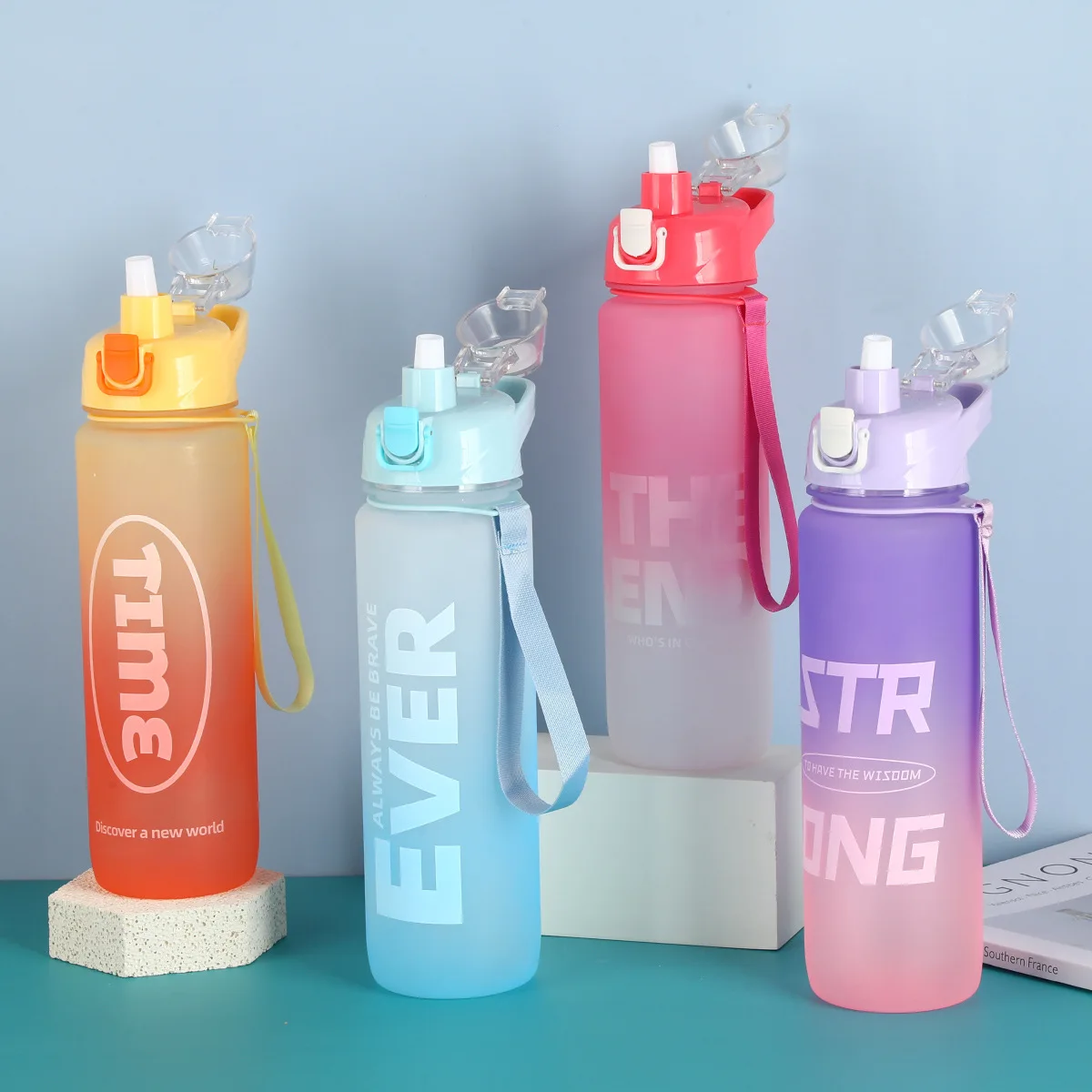 1000Ml Plastic Gradient Color With Rope Handle Outdoor Portable For Students Drink Eco Friendly Pc Water Bottle Frosted Cup