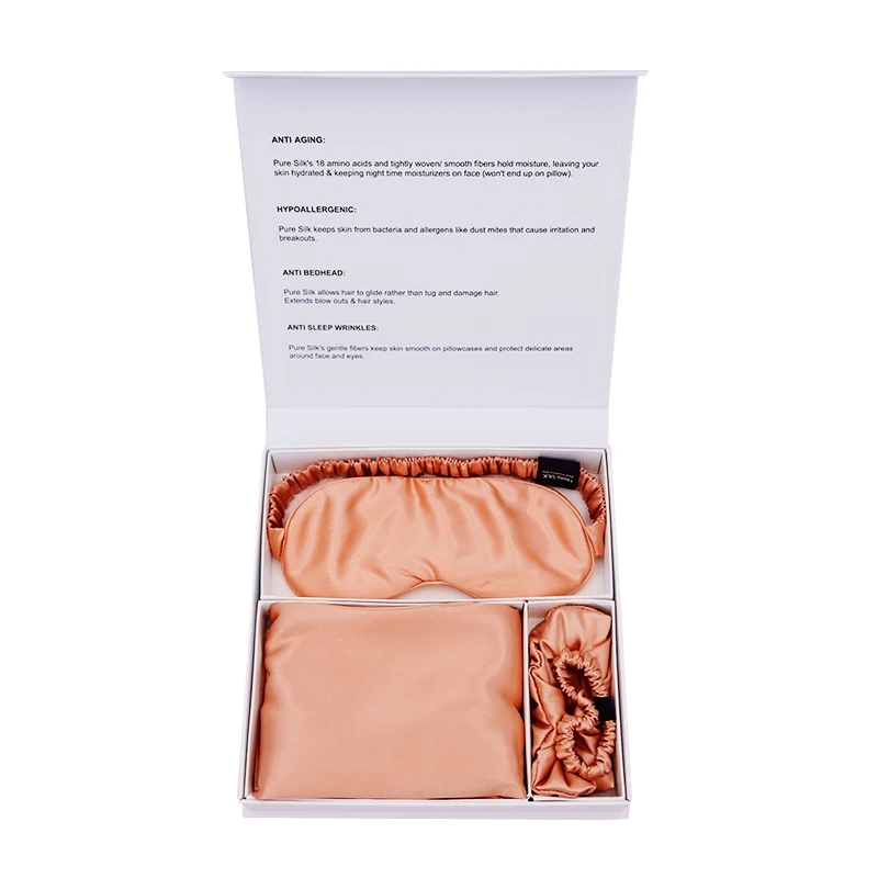 Custom luxury 100% pure silk 100% Silk Pillow Case Eye Mask Scrunchies Set Wholesale Silk Pillowcase Gift Set