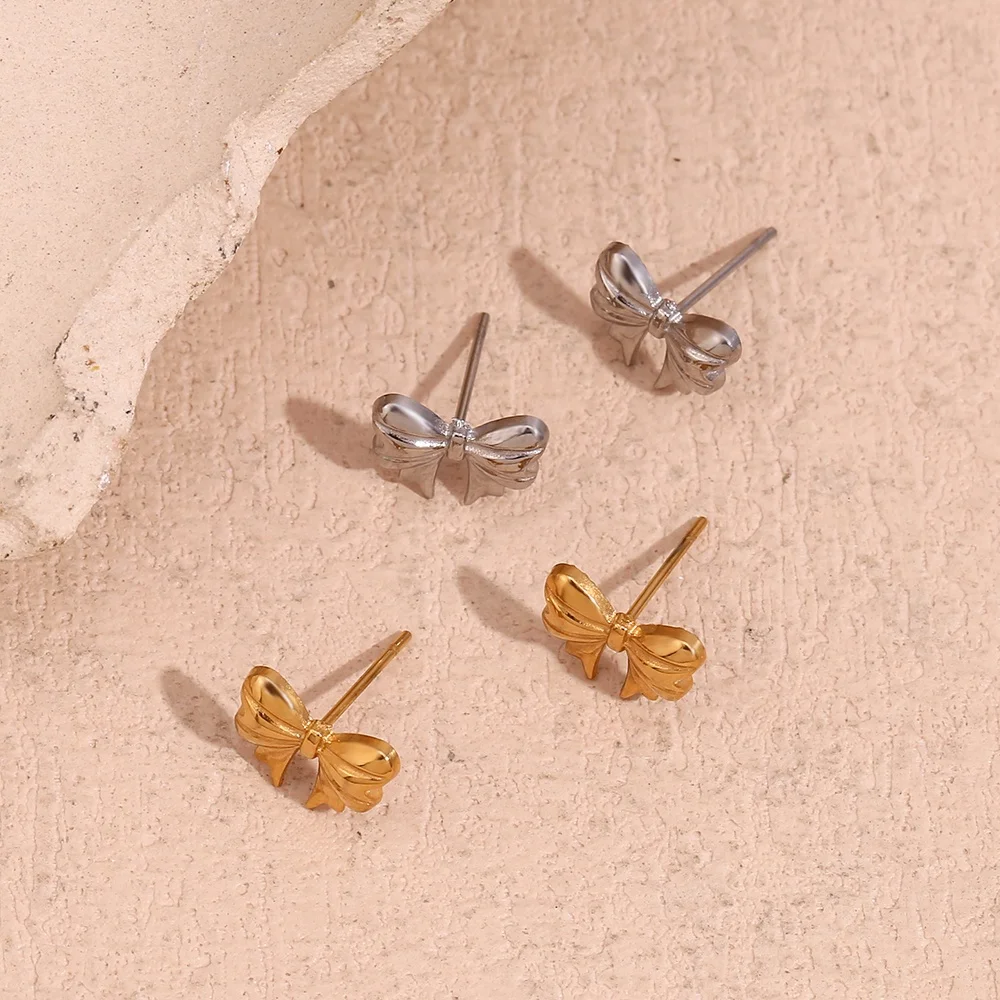 Chic Engraved Bow Earrings 18k Gold Plated Jewelry Set Stainless Steel Jewelry