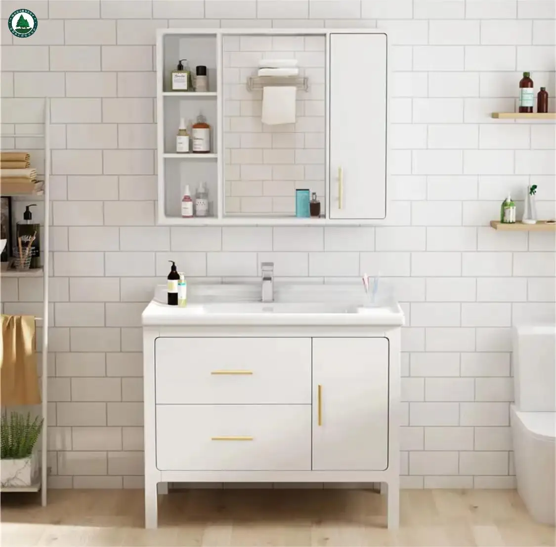 2022 New Customized Modern Bathroom Vanity Popular Blue Bathroom Cabinet Set With Storage Mirror With Metal Legs