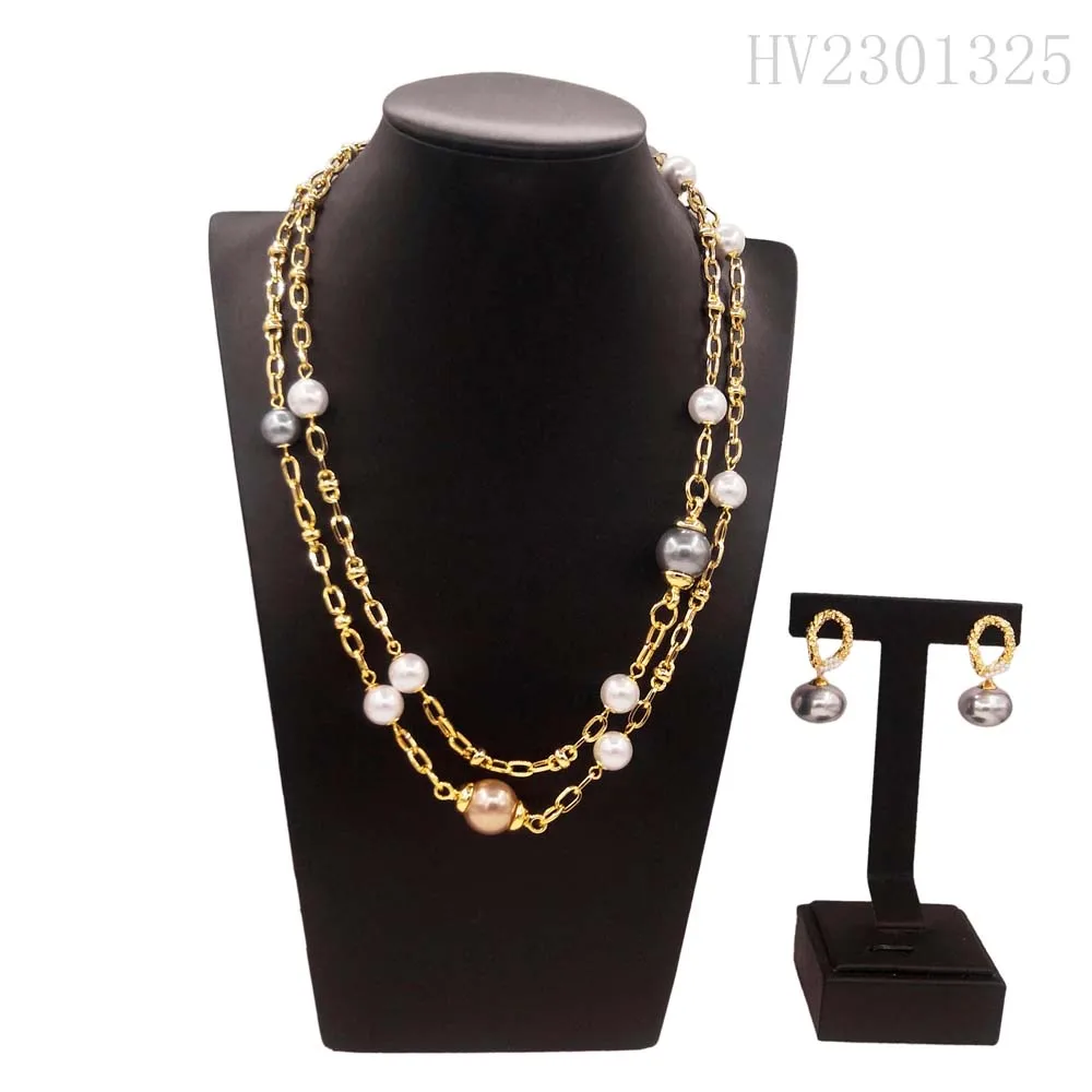 Dubai Pearl Gold Plated Jewelry Set Ring Fashion Long Chain Pearl Necklace Earrings Rings Set Dubai Gold Jewelry Sets for Women
