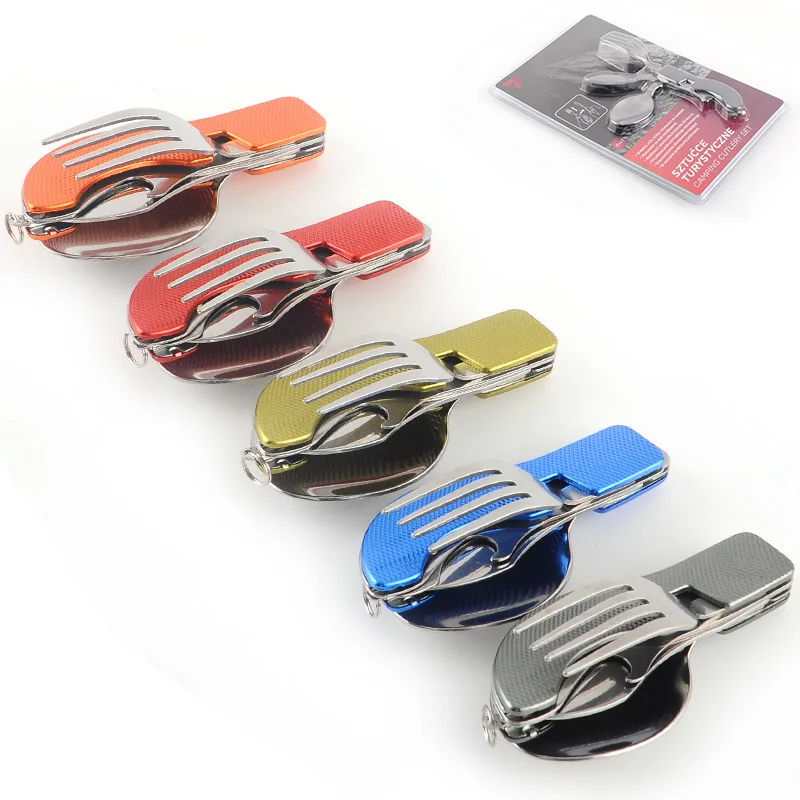 Multi-Function Stainless Steel Key Chain Outdoor Pocket Knives Forks Spoons for Hiking Climbing Tours