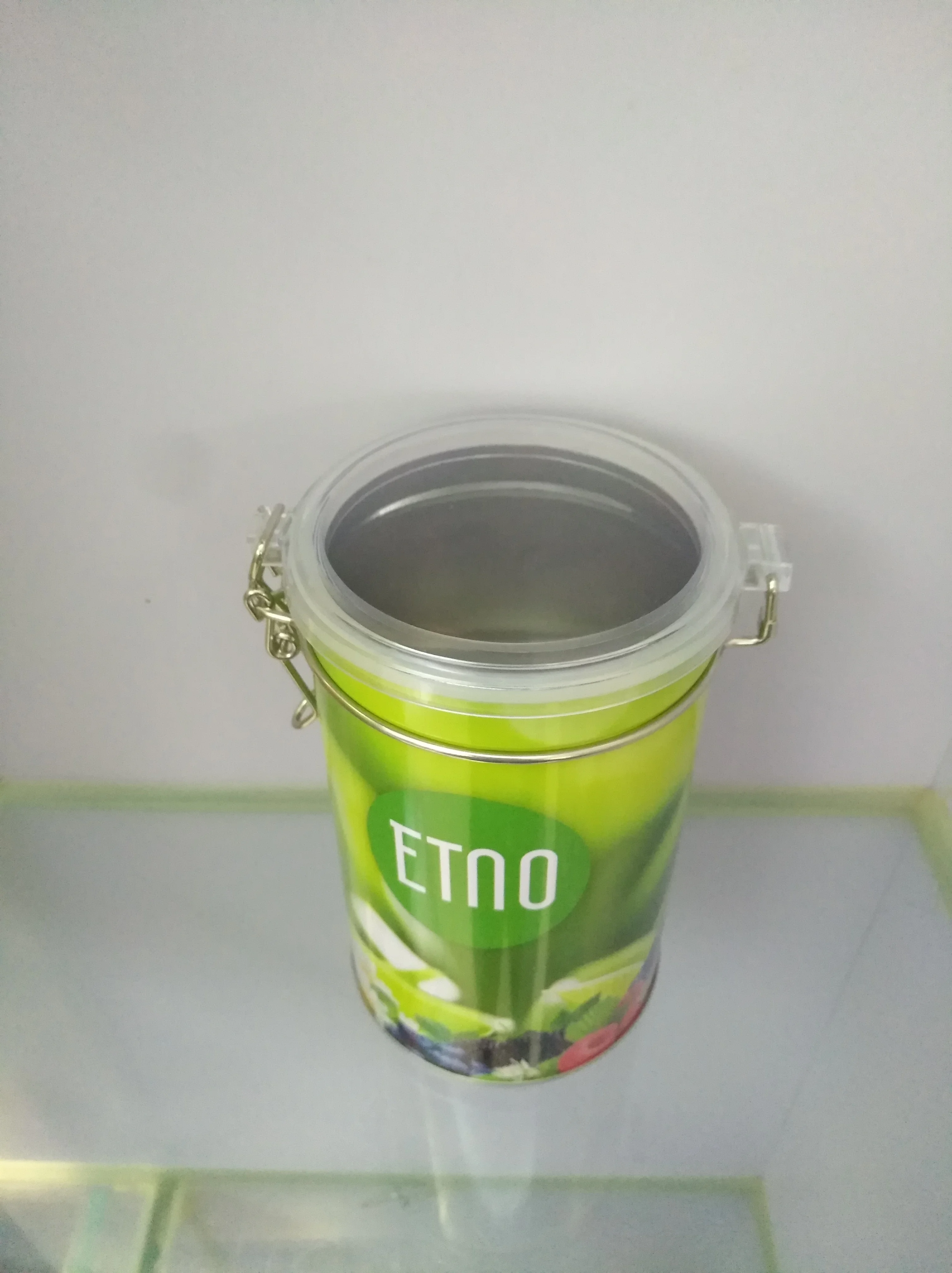 Round Airtight Tea Canister with Metal Clip/Clear Plastic Lid Set