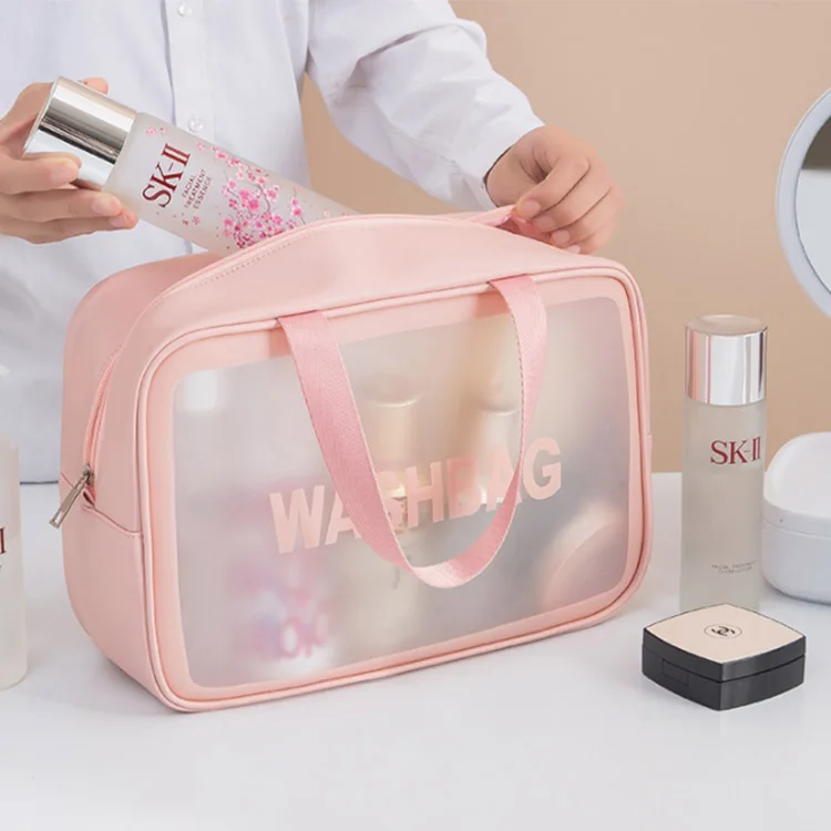 Ready to Ship Custom logo eco friendly pink white black pu leather clear makeup bag small medium big zipper travel cosmetic bag