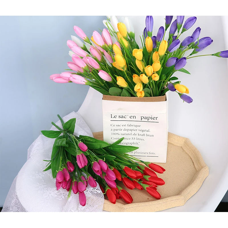 Hot Sell Silk Faux Tulip Bundle 7 Branch 21 Head Artificial Tulip Bouquet For Wedding Home Table Decoration