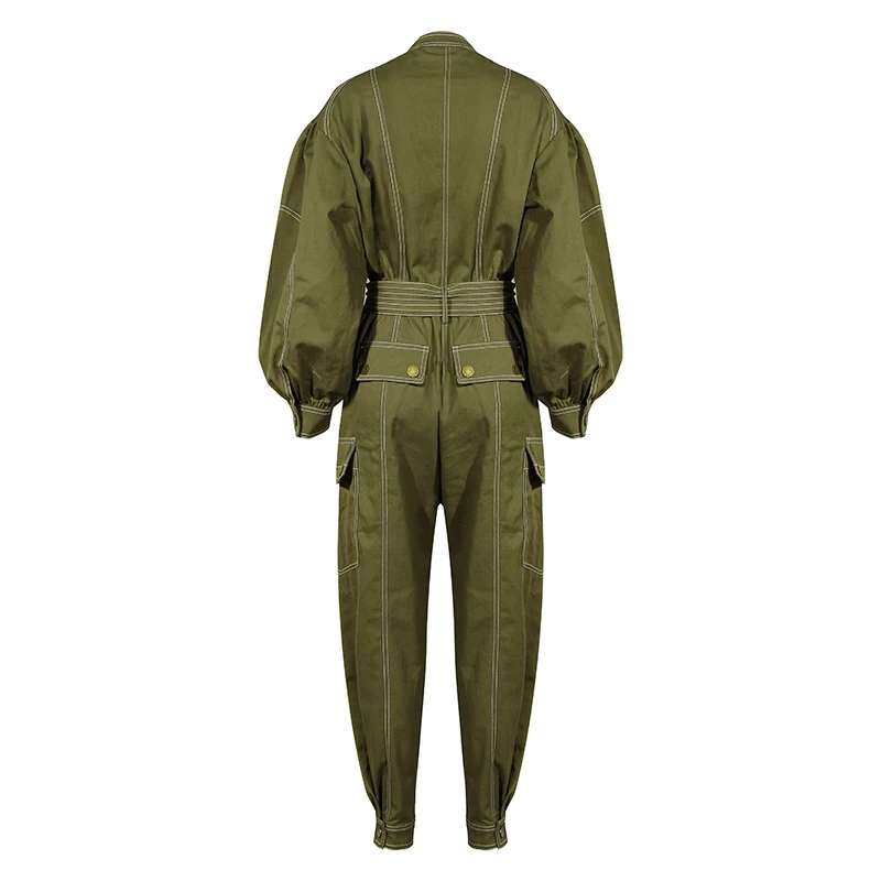 Autumn Casual Army Green Belted Fashion Women One Piece Jumpsuit