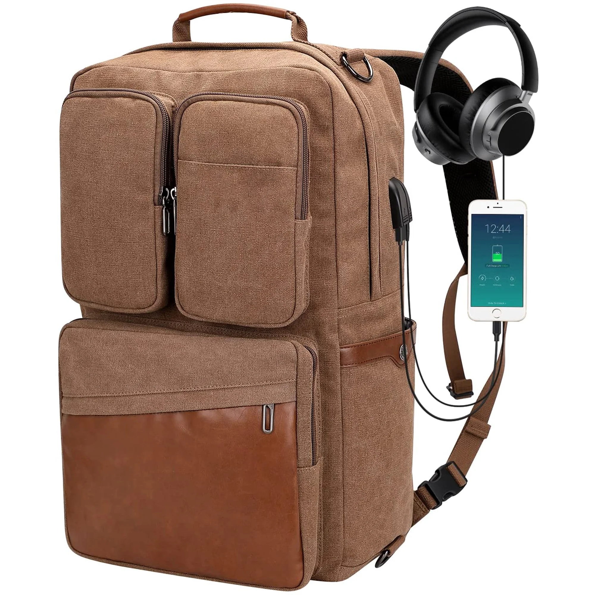 Vintage Canvas Backpack with USB Charging Port Unisex Large Luggage Bag for Travel